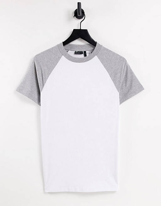 ASOS DESIGN white muscle fit raglan t-shirt with contrast sleeves in grey marl