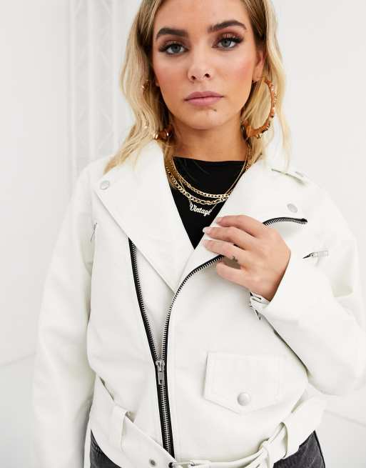 ASOS DESIGN white oversize leather look biker jacket