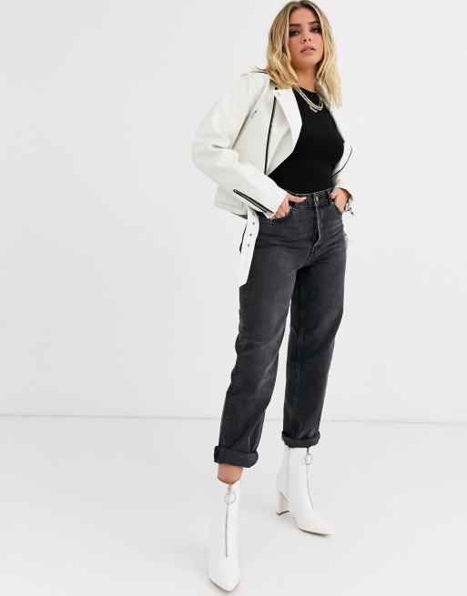 ASOS DESIGN oversized leather look biker jacket in white