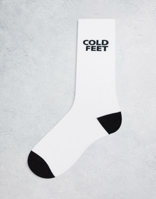 ASOS DESIGN white sock with cold feet slogan