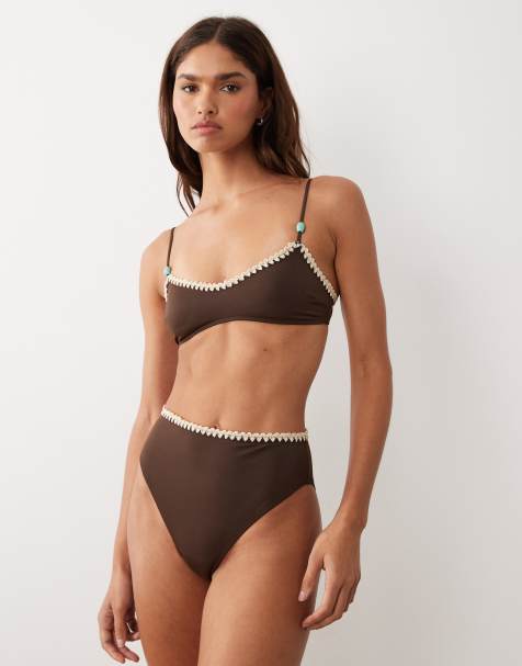 ASOS DESIGN Whitney Whip Azores high leg high waist bikini bottoms with whipstitch detailing in brown - view 1