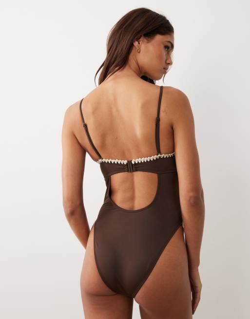 ASOS DESIGN – Whitney Whip – Brązowy strój kąpielowy z fiszbinami, 3 z 4