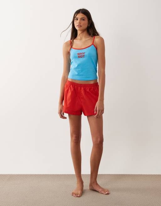 ASOS DESIGN why not embroidered cami top & shorts with star embroidery pyjama set in blue and red, 3 of 4
