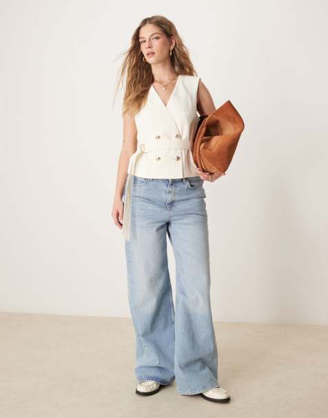 ASOS DESIGN linen look tie waistcoat in off white