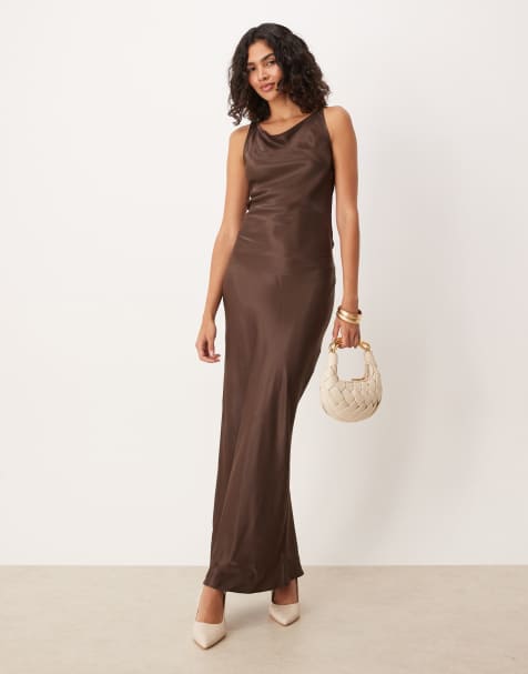 ASOS DESIGN satin tie back slash neck dress in chocolate