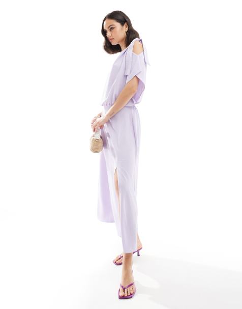 ASOS DESIGN – Wiązana na ramionach liliowa sukienka midi z balonowymi rękawami - view 1