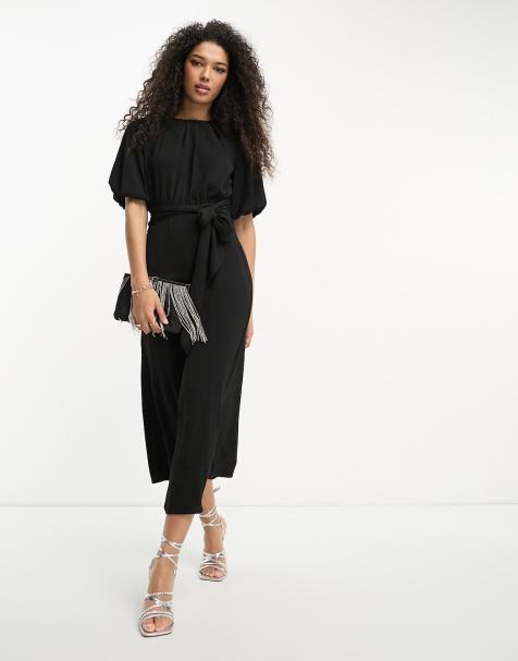ASOS DESIGN – Wiązana w talii czarna sukienka midi z bufkami - view 1