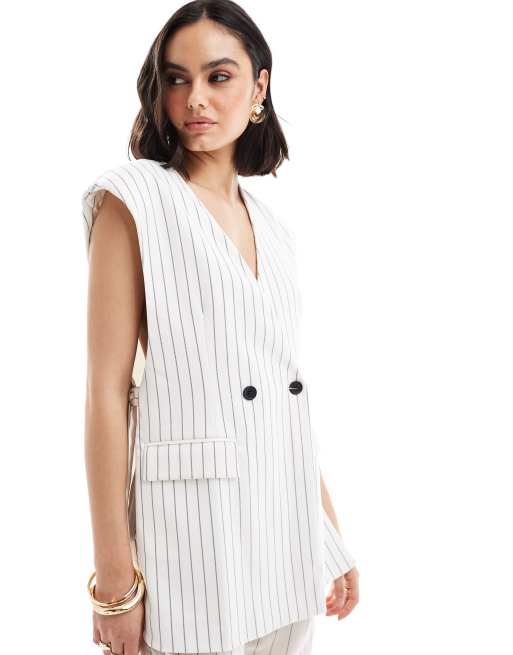 ASOS DESIGN – Wiązana z boku dopasowana biała marynarka w paski bez rękawów