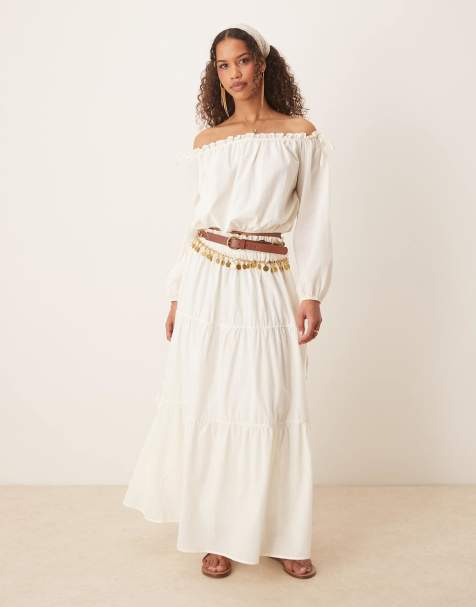 ASOS DESIGN boho tie side tiered maxi skirt in ecru