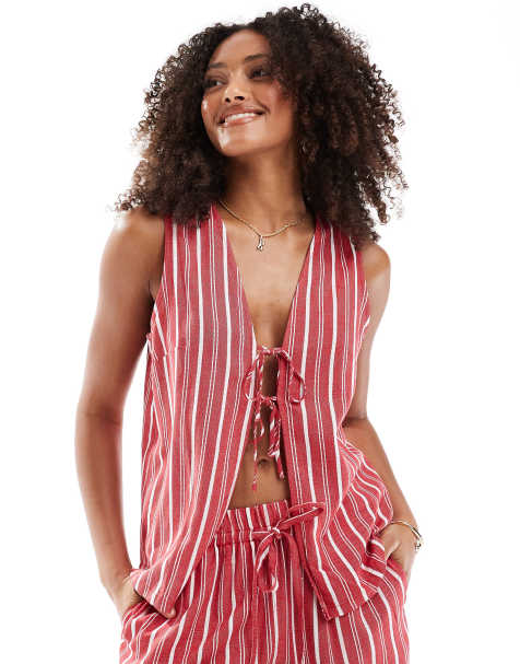 ASOS DESIGN linen look tie front waistcoat co-ord in red stripe