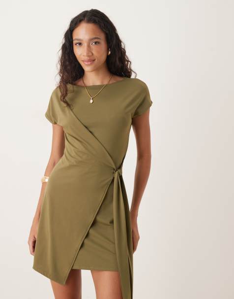 ASOS DESIGN cap sleeve tie wrap front mini dress in khaki