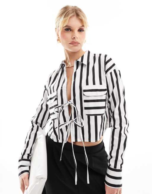 ASOS DESIGN – Wiązana z przodu koszula o krótkim fasonie w czarno-białe paski