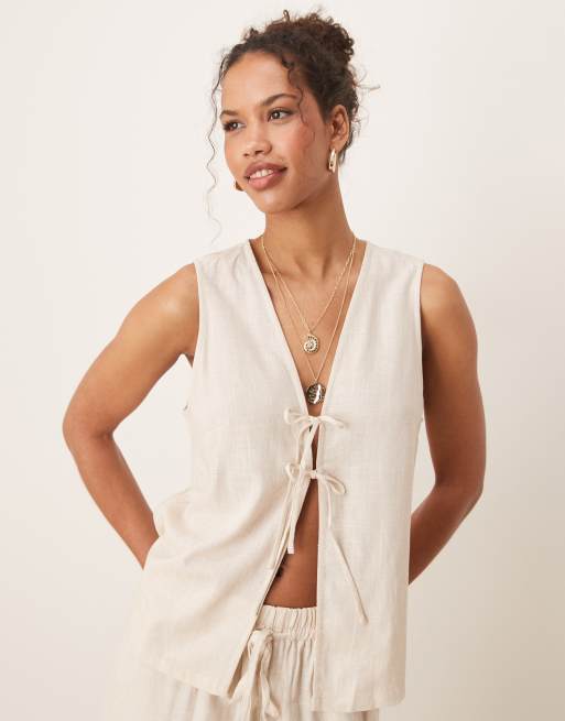 ASOS DESIGN – Wiązana z przodu lniana kamizelka w szarobeżowym kolorze, część zestawu