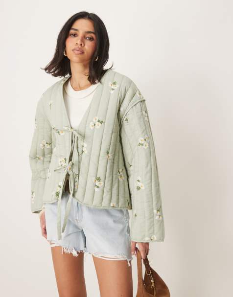 ASOS DESIGN tie front quilted embroidered jacket in sage