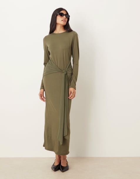 ASOS DESIGN – Wiązana z przodu sukienka maxi z długimi rękawami w kolorze khaki - view 1