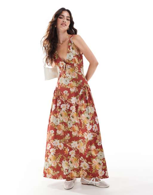 ASOS DESIGN – Wiązana z przodu sukienka midi w czerwony kwiatowy wzór