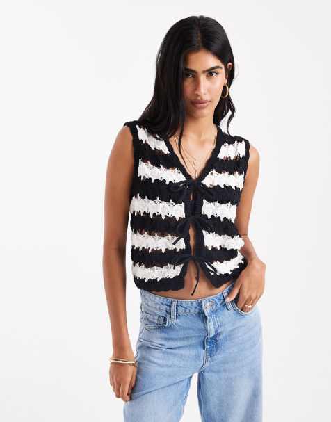 ASOS DESIGN crochet tie front knitted waistcoat in stripe