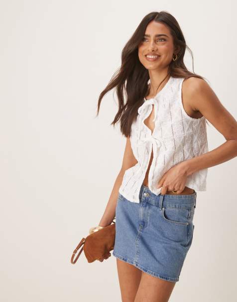 ASOS DESIGN crochet tie front boxy fit round neck waistcoat in ivory