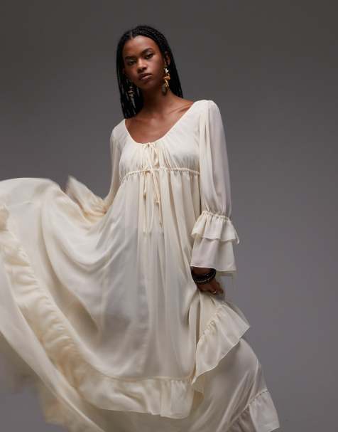 ASOS DESIGN – Wiązana z przodu szyfonowa sukienka maxi w kolorze ecru z obszernymi rękawami - view 1