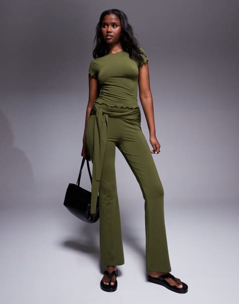 ASOS DESIGN co-ord tie waist flare trouser in khaki