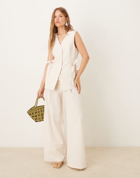 ASOS DESIGN linen blend tie waist trouser co ord in ivory