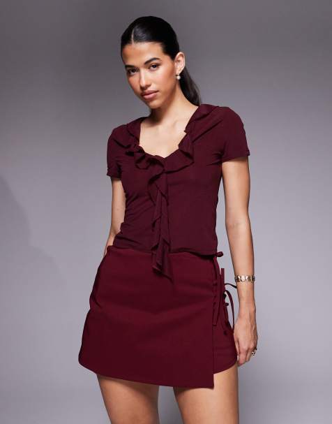 ASOS DESIGN – Wiązane z boku bordowe spódnicospodnie z bengaliny - view 1