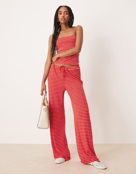 ASOS DESIGN wide leg tie front trouser co-ord in red stripe