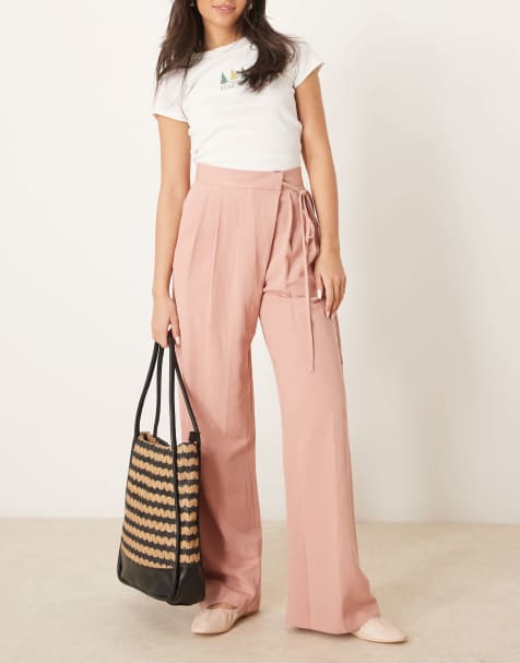 ASOS DESIGN linen tie front wide leg trousers in apricot