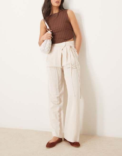 ASOS DESIGN – Wiązane z przodu lniane spodnie z szerokimi nogawkami w szarobeżowym kolorze