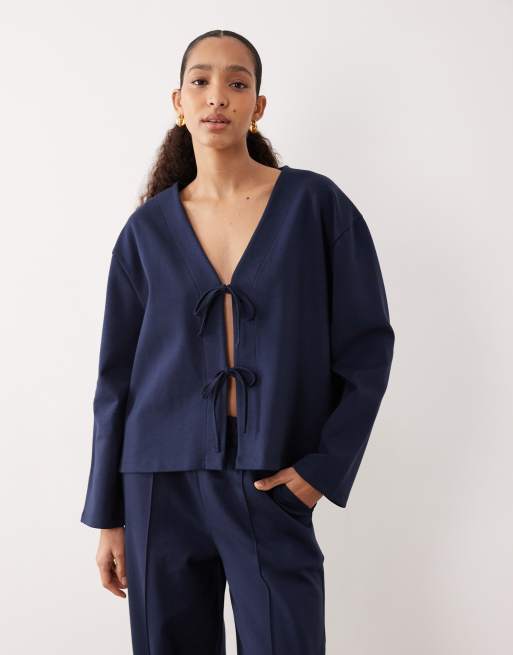 ASOS DESIGN – Wiązany na kokardki granatowy top oversize z materiału interlock, część zestawu