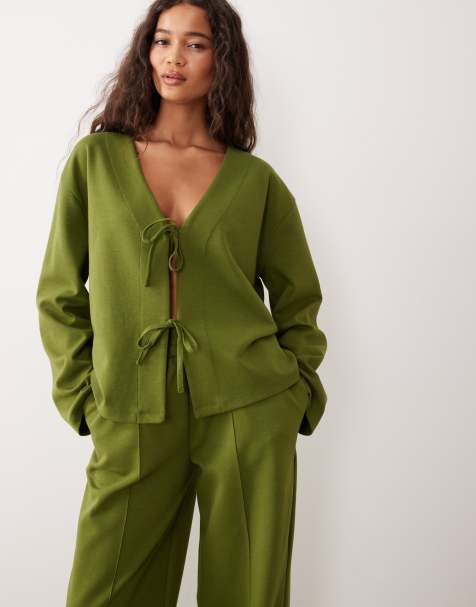 ASOS DESIGN – Wiązany na kokardki zielony top oversize z materiału interlock, część zestawu - view 1
