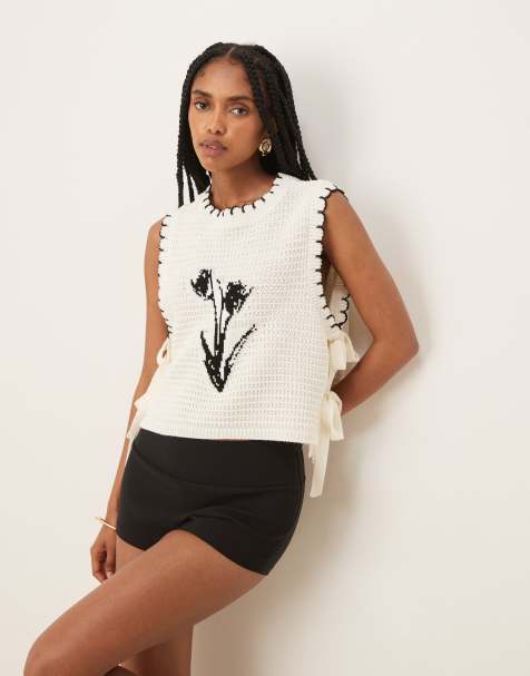 ASOS DESIGN knitted tie side tank top with flower jacquard in cream