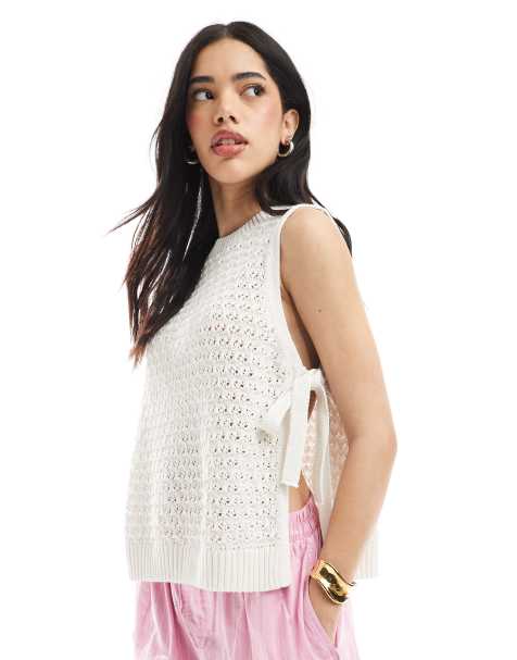 ASOS DESIGN crochet knit tabard vest with tie sides in ecru