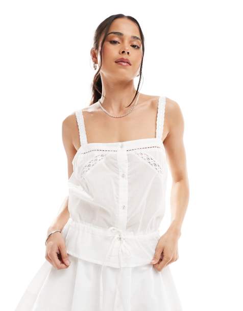 ASOS DESIGN tie waist lace insert cami top in white