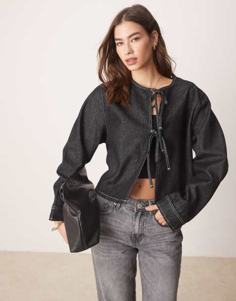 ASOS DESIGN – Wiązany z przodu czarny jeansowy top z długim rękawem i kontrastowymi szwami w kolorze ecru - view 1