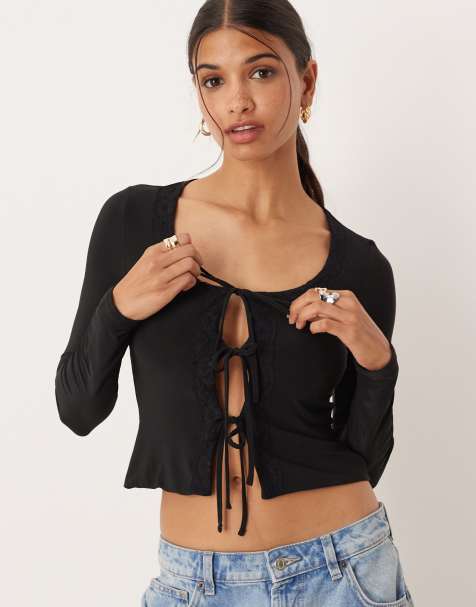 ASOS DESIGN slinky lace trim long sleeve tie front top in black
