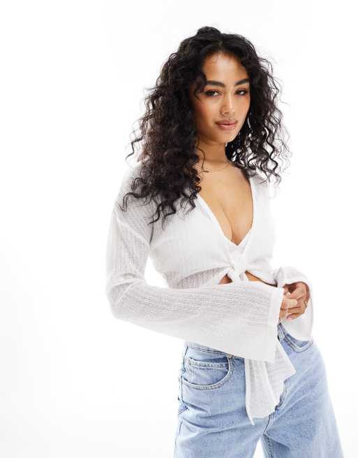 ASOS DESIGN – Wiązany z przodu festiwalowy dzianinowy top w kolorze kości słoniowej
