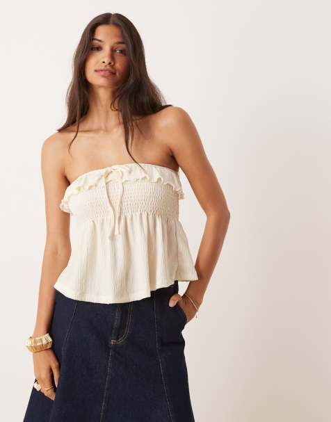 ASOS DESIGN texture shirred babydoll bandeau with tie front detail in ivory