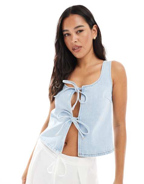 ASOS DESIGN tie front denim top with square neck in bleach