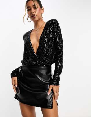 ASOS DESIGN - Wickel-Body mit Blousonärmeln und Paillettenbesatz in Schwarz