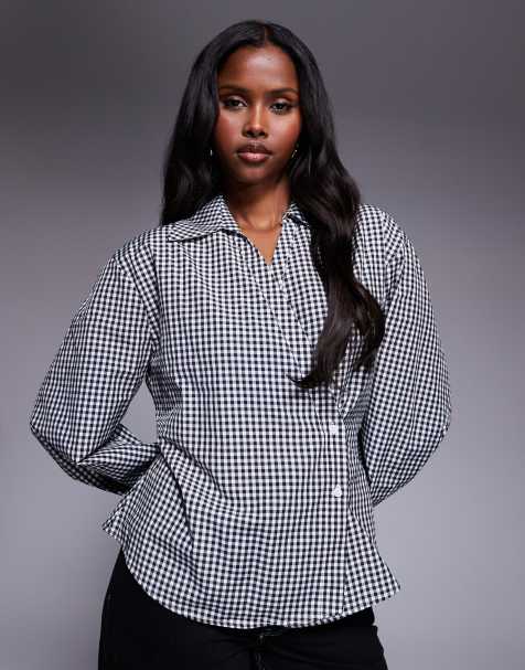 ASOS DESIGN – Wickelhemd mit schwarz-weißen Vichy-Karos und Cocoon-Ärmeln - view 1