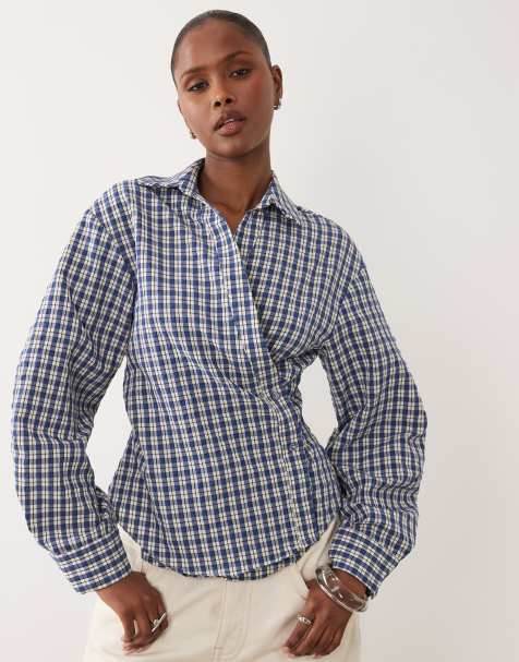 ASOS DESIGN – Wickelhemdbluse in Blau kariert mit Cocoon-Ärmeln - view 1