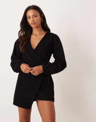 ASOS DESIGN - Wickelkleid aus Cord in Schwarz mit Puffärmeln