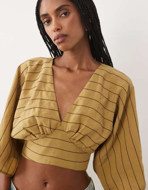 ASOS DESIGN – Wickeloberteil mit Fledermausärmeln in Olivgrün gestreift , 3 von 4