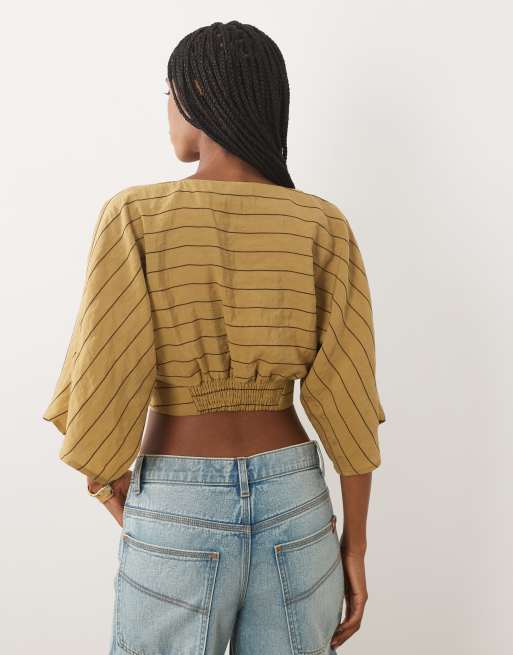 ASOS DESIGN – Wickeloberteil mit Fledermausärmeln in Olivgrün gestreift , 4 von 4