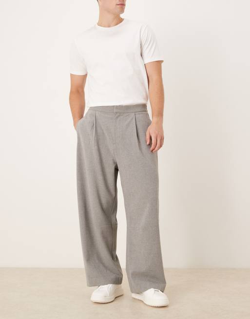 ASOS DESIGN smart barrel leg fit trousers in light grey flannel look with elasticated waist