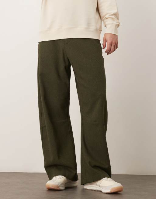 ASOS DESIGN wide barrel leg wool twill blend dress pants in dark green 