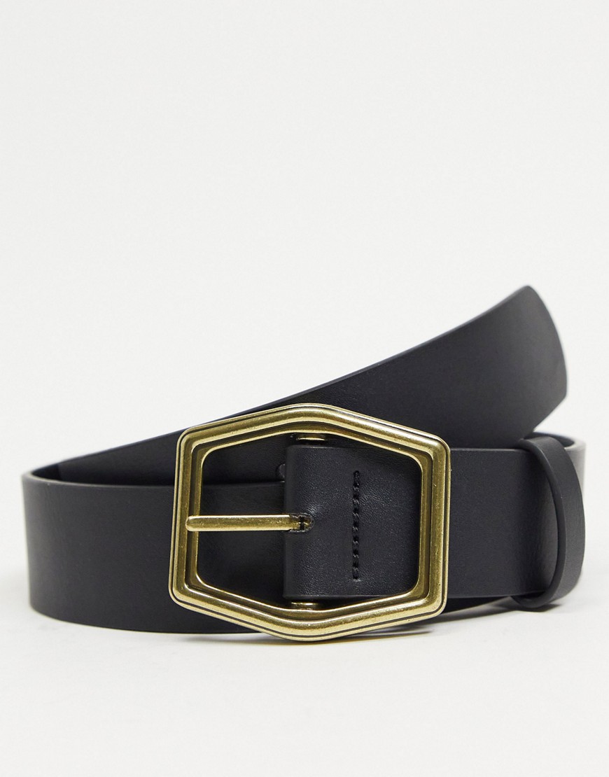 ASOS DESIGN wide belt in black faux leather with antique gold hexagon buckle