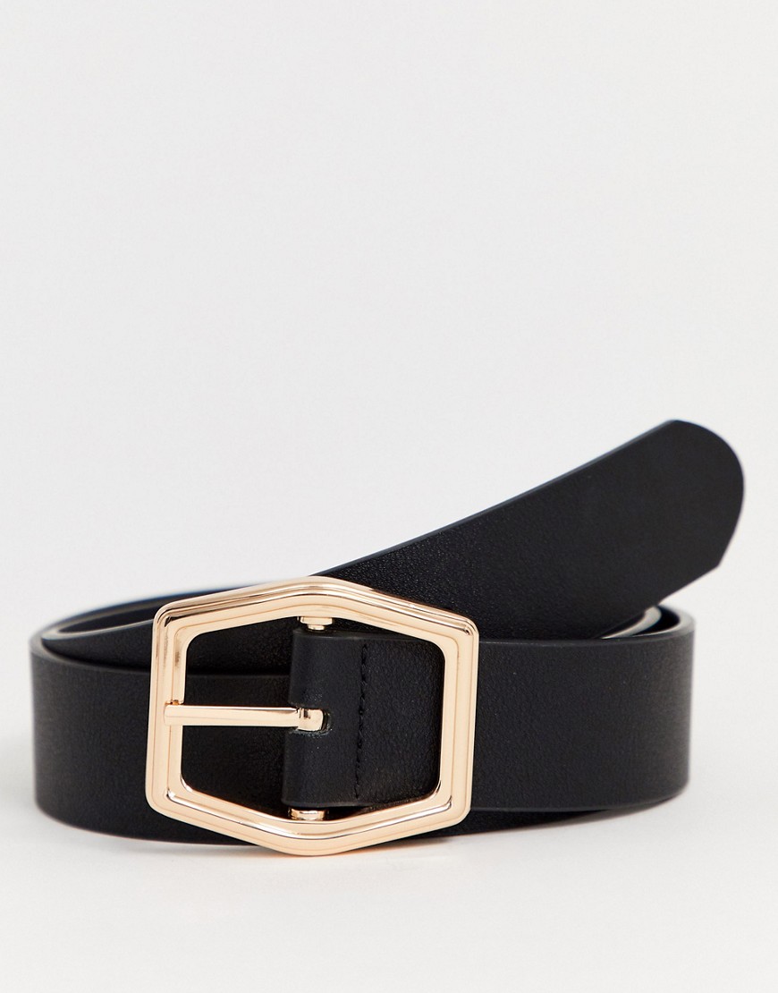 ASOS DESIGN wide belt in black faux leather with gold hexagon buckle-Grey