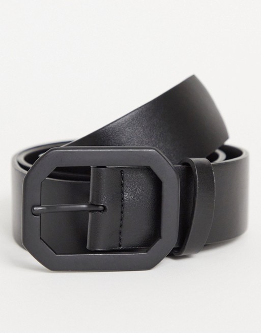ASOS DESIGN wide belt in black faux leather with matte black jeans buckle